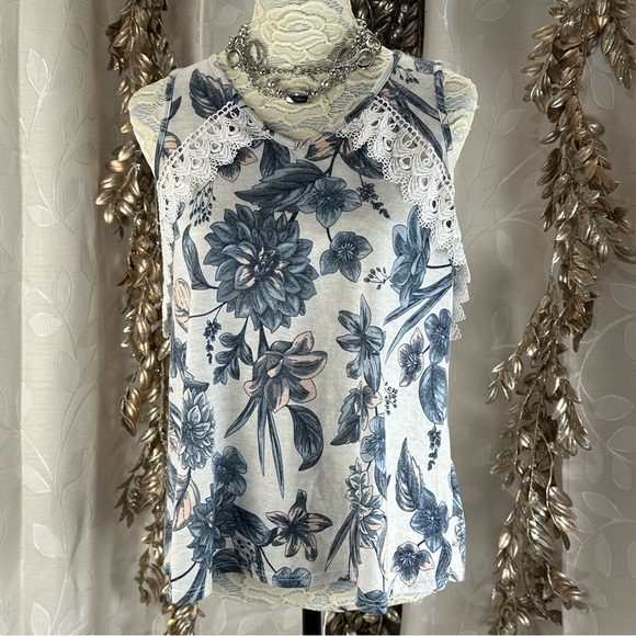 Maurices Tops - Maurices M Floral Lace Back Tank Top Blue Gray White Boho Cottagecore